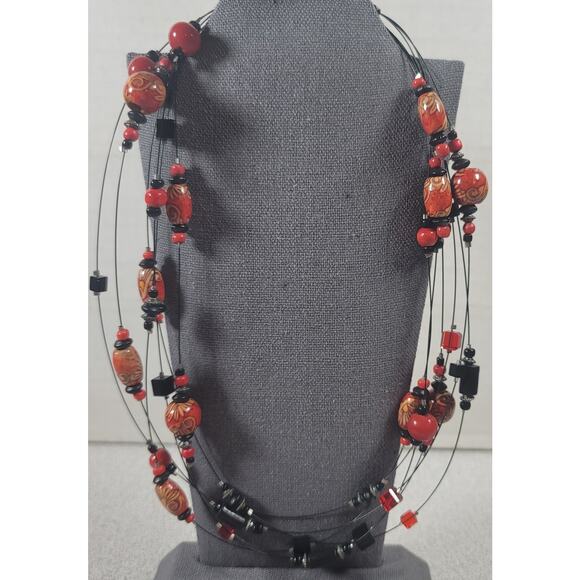 Black Red 6 Strand Wooden Floral Design Beads Pewter Spacers 8" Necklace - Picture 1 of 5